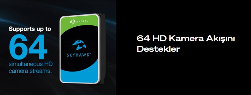 Seagate SkyHawk sabit diskin kamera akışı ve iş yükü bilgilerini içeren tanıtım görseli